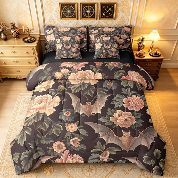 Erosebridal Gothic Floral Full Size Bedding Sets, Bat Rose Full Size Bed in a Bag, Brown Green, Black Reversible, 7 Pieces