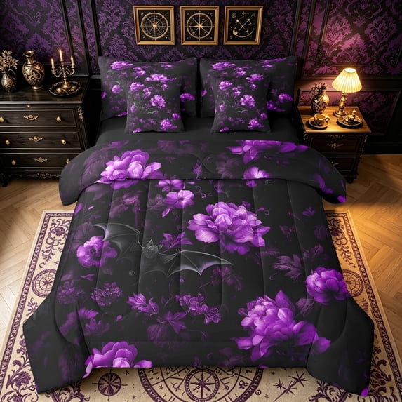 Erosebridal Gothic Floral Full Size Bedding Sets, Halloween Bat Full Size Bed in a Bag, Burgundy, Black Reversible, 7-Piece