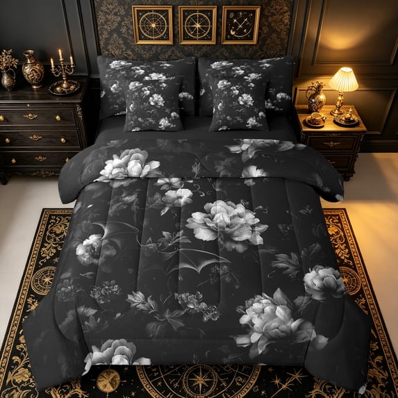 Erosebridal Gothic Floral King Bedding, Vintage Romantic Flower King Bed in a Bag, Black, Black Reversible, 7pcs