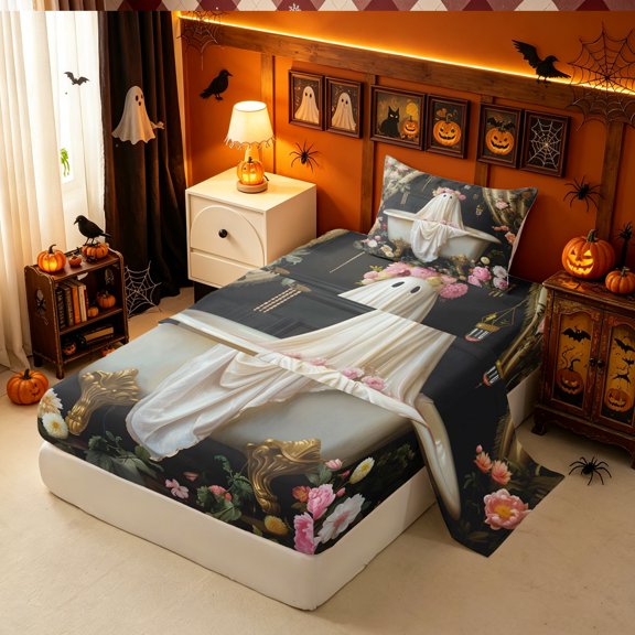 Erosebridal Gothic Ghost Twin Sheets, Bathtub Floral Bedding, Black Tan, Black Reversible, 3 Pieces, 1 Flat Sheet, 1 Fitted Sheet and 1 Pillowcase