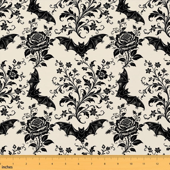Erosebridal Gothic Halloween Damask Fabric by the Yard 1 Yard, Black Bat Rose Scroll Pattern Home Decor Fabric by the Yard