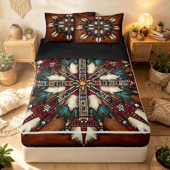 Erosebridal Gothic Mandala Zipper Full Size Comforter Sets with Fitted Sheet and 2 Pillowcases, Southwestern Feather Zipper Bedding Set, Brick Red Teal, Black Reversible