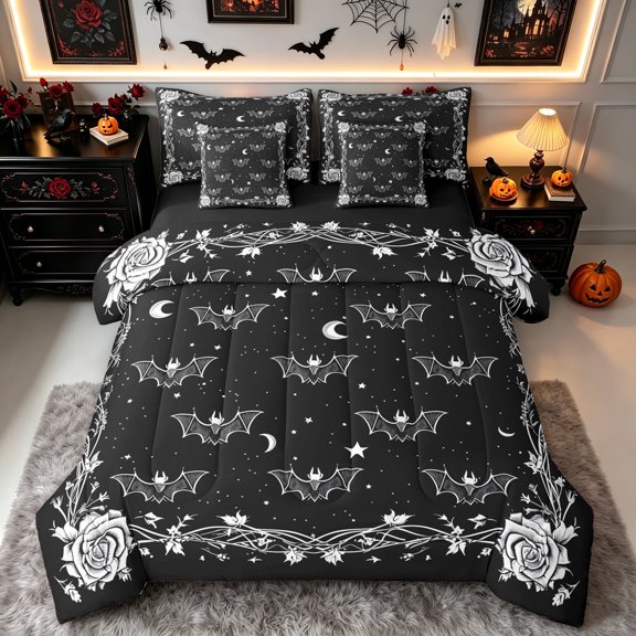 Erosebridal Gothic Moon Twin Bedding, Bat Rose Bedding Comforter Set, Black White, Black Reversible, 7 Pieces