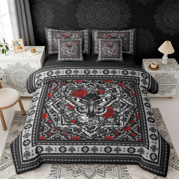 Erosebridal Gothic Moth Bedding Comforter Set, Bohemian Aztec Mandala King Bedding Sets, Black Gray Red, Black Reversible 7-Piece