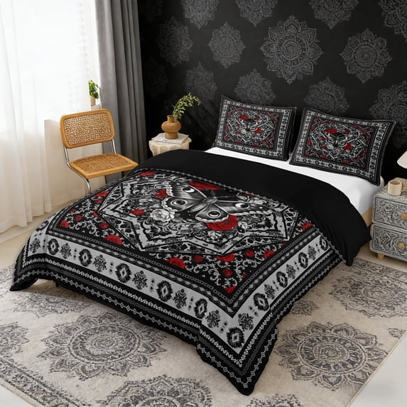 Erosebridal Gothic Moth Duvet Cover Set, Bohemian Aztec Mandala Bedding Full, Black Gray Red, Black Reversible 3 Pieces, 1 Duvet Cover and 2 Pillowcases (No Comforter)