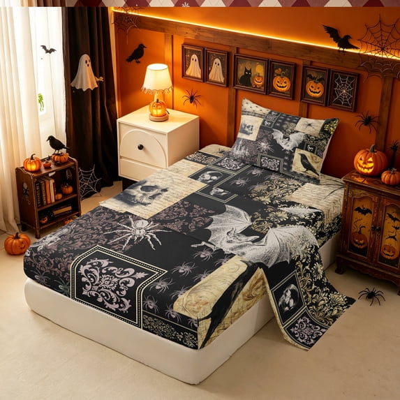 Erosebridal Gothic Patchwork Twin Sheets, Raven Skull Bedding, Dark Brown Tan, Black Reversible, 3 Pieces, 1 Flat Sheet, 1 Fitted Sheet and 1 Pillowcase