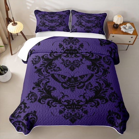 Erosebridal Gothic Purple Damask Twin Quilt Set for Women Girls, Vintage Baroque Moth Skull Twin Coverlet Set, 2 Pieces