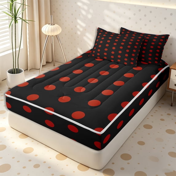 Erosebridal Gothic Red Polka Dot Zipper Full Size Comforter Sets with Fitted Sheet and 2 Pillowcases,Bold Crimson Round Zipper Bedding Set,Scarlet Black,4pcs,Black Reversible