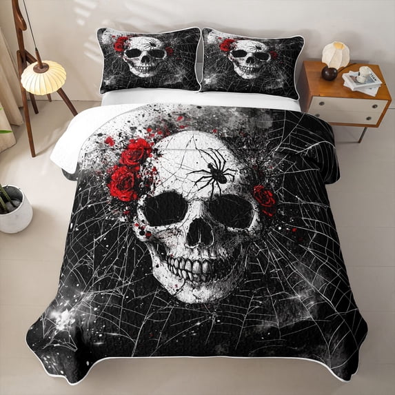 Erosebridal Gothic Rock Skull Twin Quilt Set for Boys Girls, Red Rose Spider Web Twin Coverlet Set, 2-Piece