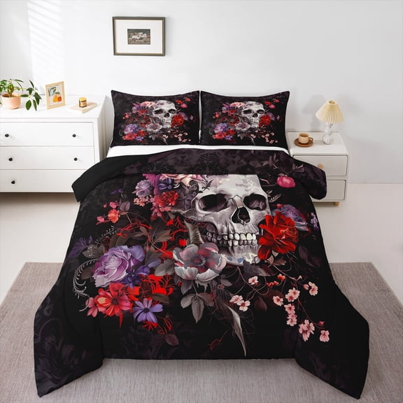 Erosebridal Gothic Skeleton Bedding Queen Comforter Set,Sugar Skull Down Comforter,Romantic Plant Floral Bedding Sets Queen with Comforter ,Happy Halloween Room Decorative Reversible,3 Pieces