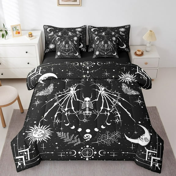 Erosebridal Gothic Skeleton Bedding Twin Size,Sun Moon Starry Sky Comforter Sets with Sheets,Bat Skull Bedding Sets Twin Size For Men Women,Super Cozy Room Decoration Reversible,7pcs