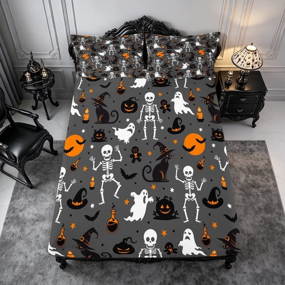 Erosebridal Gothic Skeleton Ghost Fitted Sheet Full 3 Pieces,Halloween Black Cats Bed Set,Dark Grey,1 Fitted Sheet and 2 Pillowcases