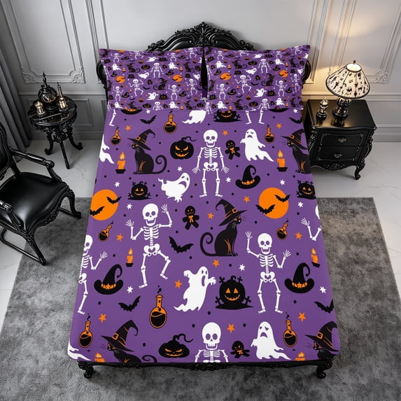Erosebridal Gothic Skeleton Ghost Fitted Sheet Queen 3-Piece,Halloween Black Cats Bedding,Purple,1 Fitted Sheet and 2 Pillowcases