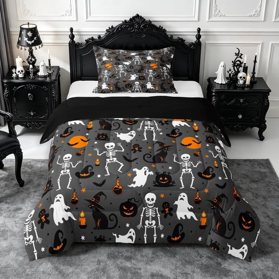 Erosebridal Gothic Skeleton Ghost Twin Comforter Sets 2pcs,Halloween Black Cats Bedding Set,Dark Grey,Reversible,1 Comforter and 1 Pillowcase