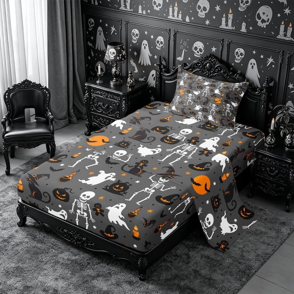 Erosebridal Gothic Skeleton Ghost Twin Sheets 3pcs,Halloween Black Cats Bedding,Dark Grey,1 Flat Sheet, 1 Fitted Sheet and 1 Pillowcase
