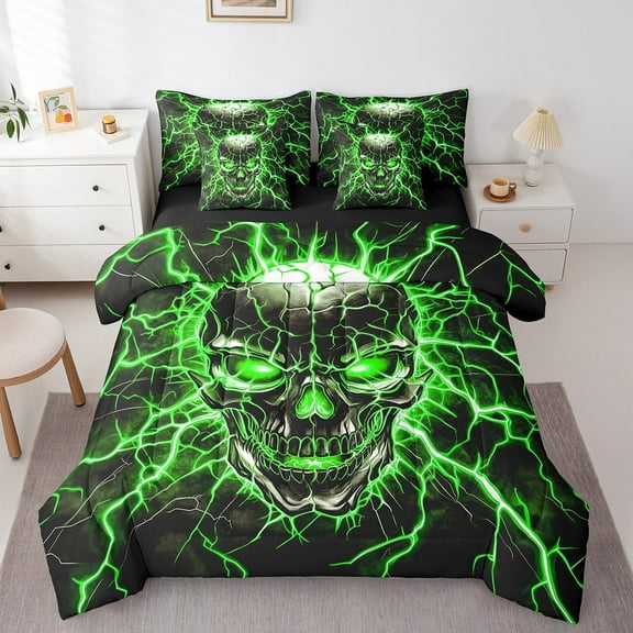 Erosebridal Gothic Skull Bed in a Bag King size, Neon Lightning Bedding King Size, Black Green Reversible Comforter Sets with Sheets, Ultra Soft Room Decor, 7 Pieces