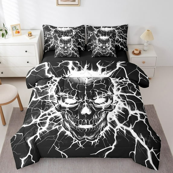 Erosebridal Gothic Skull Bedding Full Size, Neon Lightning Bed Set, Black White Reversible Bed in a Bag Full size, Lightweight Room Decor, 7 Pieces