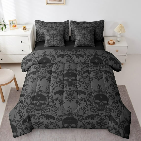 Erosebridal Gothic Skull Bedding Queen Size,Black Grey Comforter Sets with Sheets,Bohemian Damask Bedding Sets Queen Size,Lightweight Exotic Room Decor,Reversible,7 Pieces