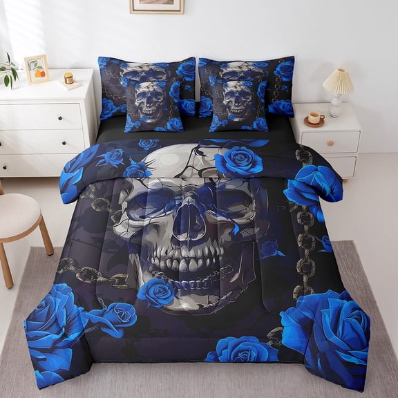 Erosebridal Gothic Skull Bedding Queen Size, Blue Rose Bedding Sets Queen Size, Couple Lover Reversible Bed Set, Microfiber Room Decorative, 7 Pieces