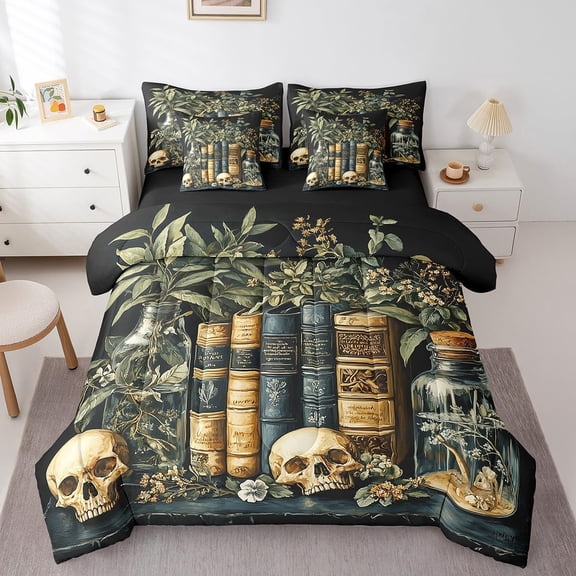 Erosebridal Gothic Skull Bedding Set Queen 7pcs, Vintage Book Comforter Sets, Halloween Bedding, Black Reversible