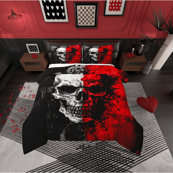 Erosebridal Gothic Skull Bedding Sets Full with Comforter,Black Red Duvet Insert,Happy Halloween Comforter Sets Full Size,Ultra Soft Abstract Bedroom Decorative,Reversible,3pcs