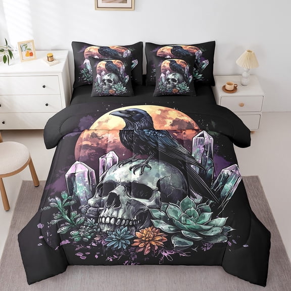 Erosebridal Gothic Skull Bedding Sets Queen Size, Halloween Crow Bedding Queen Size, Mystic Moon Reversible Comforter Sets with Sheets, Ultra Soft Bedroom Decor, 7 Pieces