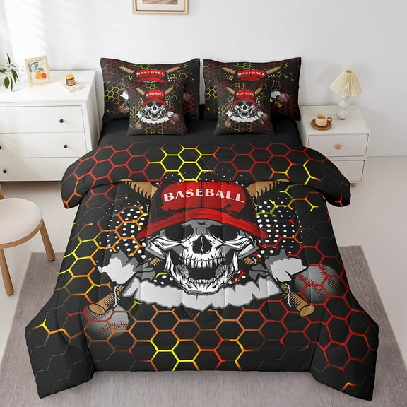 Erosebridal Gothic Skull Bedding Sets Twin Size,Baseball Sports Comforter Sets with Sheets,Geometric Honeycomb Bed in a Bag Twin Size For Teens,Super Cozy Room Decoration Reversible,7-Piece