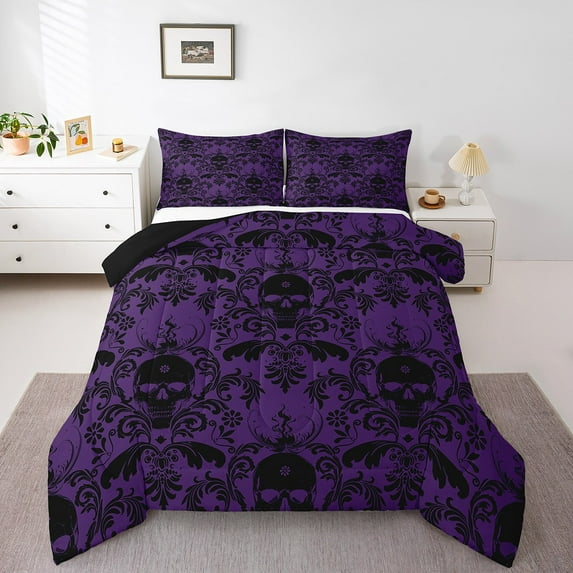 Erosebridal Gothic Skull Bedding Twin Comforter Set,Black Purple Down Comforter,Bohemian Damask Bedding Sets Twin with Comforter,Lightweight Exotic Room Decor,Reversible,2-Piece