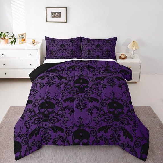Erosebridal Gothic Skull Comforter Sets Queen Size,Black Purple Bedding Queen Comforter Set,Bohemian Damask Bedding Sets Queen with Comforter,Lightweight Exotic Room Decor,Reversible,3 Pieces