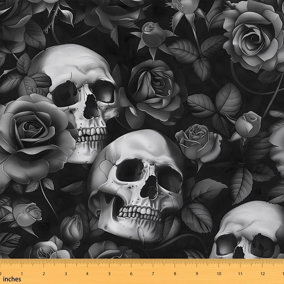 Erosebridal Gothic Skull Fabric by the Yard 5 Yards, Black White Rose Flower Pattern Fabric for Sewing