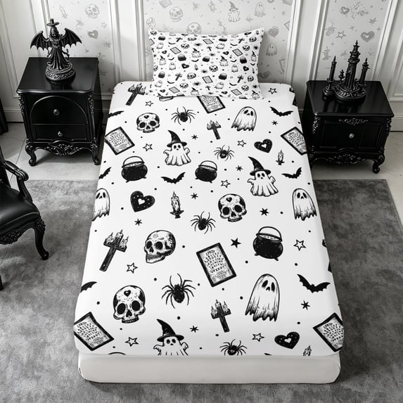 Erosebridal Gothic Skull Ghost Twin Fitted Sheet 2 Pieces,Halloween Theme Bedding,White Black Grey,1 Fitted Sheet and 1 Pillowcase
