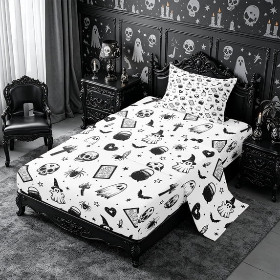 Erosebridal Gothic Skull Ghost Twin Sheets 3pcs,Halloween Theme Bedding,White Black Grey,1 Flat Sheet, 1 Fitted Sheet and 1 Pillowcase
