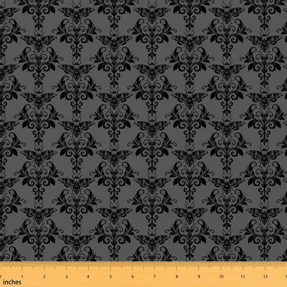 Erosebridal Gothic Skull Moth Damask Fabric by the Yard 3 Yards, Black Scroll Floral Pattern Room Decor Fabric by the Yard