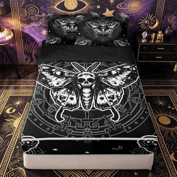 Erosebridal Gothic Skull Moth Pattern Zipper Twin Comforter Sets with Fitted Sheet and 2 Pillowcases,Boho Exotic Style Zipper Bedding Set,Black White Gray,Black Reversible