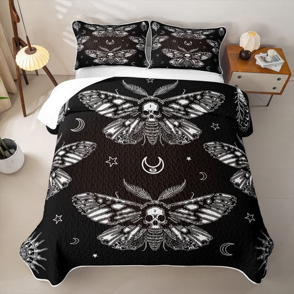 Erosebridal Gothic Skull Moth Print Quilt Full,Moon Stars Silhouette Full Bedspread Sets For Girls,3 Pieces