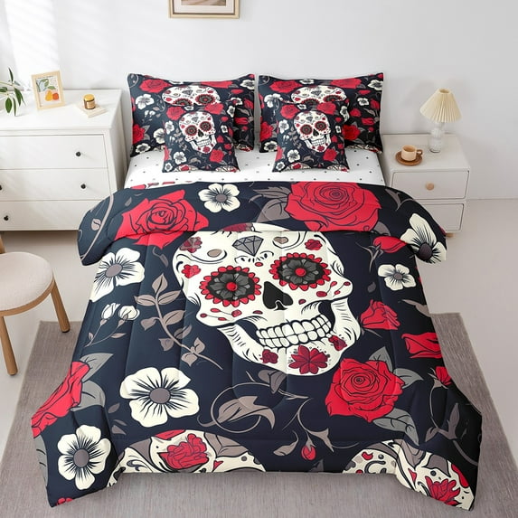 Erosebridal Gothic Skull Skeleton Bedding Sets King Size, Bohemian Floral Flower Comforter Sets with Sheets, Halloween Bedroom Decor, Reversible 7 Pieces