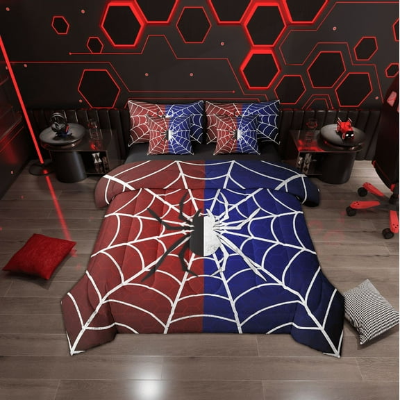 Erosebridal Gothic Spider Bed in a Bag Twin Size, Spider Web Print Bed Set, Halloween Room Decor, Red Blue, Reversible 7 Pieces