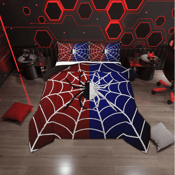 Erosebridal Gothic Spider Bedding Sets Twin with Comforter, Spider Web Print Duvet Insert, Halloween Room Decor, Red Blue, Reversible 2 Pieces