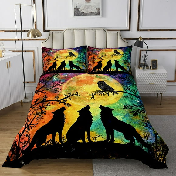 Erosebridal Gothic Wolf Coverlet Set King, Woodland Animal Bedding Set, Psychedelic Galaxy Decor 3pcs