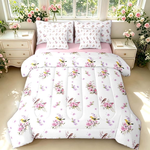 Erosebridal Graceful Bird Animals 7 Pieces Full Size Bedding Sets,Transitional Flower Full Size Bed in a Bag,White Pink,Pink Reversible