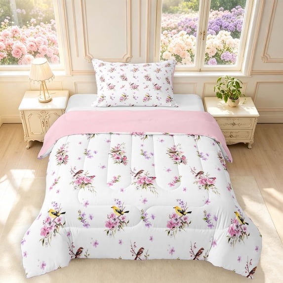 Erosebridal Graceful Bird Animals Twin Comforter Sets,Transitional Flower Bedding Set,White Pink,Pink Reversible,2 Pieces,1 Comforter and 1 Pillowcase