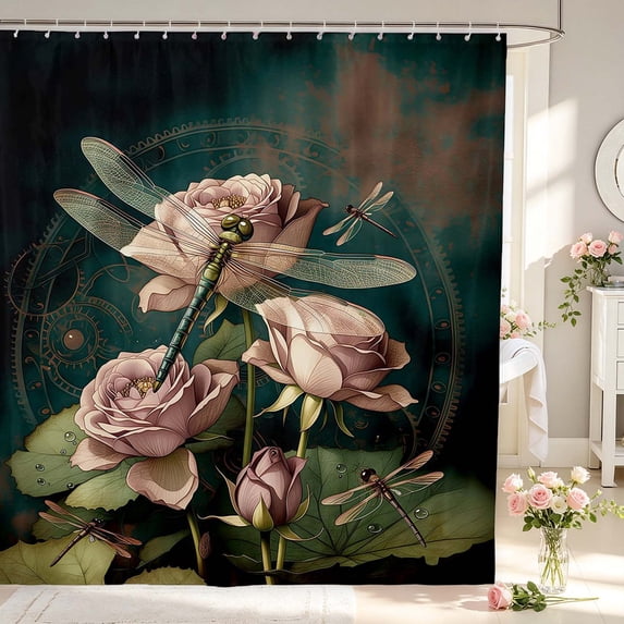 Erosebridal Graceful Dragonfly Shower Curtain 72Wx84L,Elegant Flowers Bathroom Shower Curtain,Green Pink