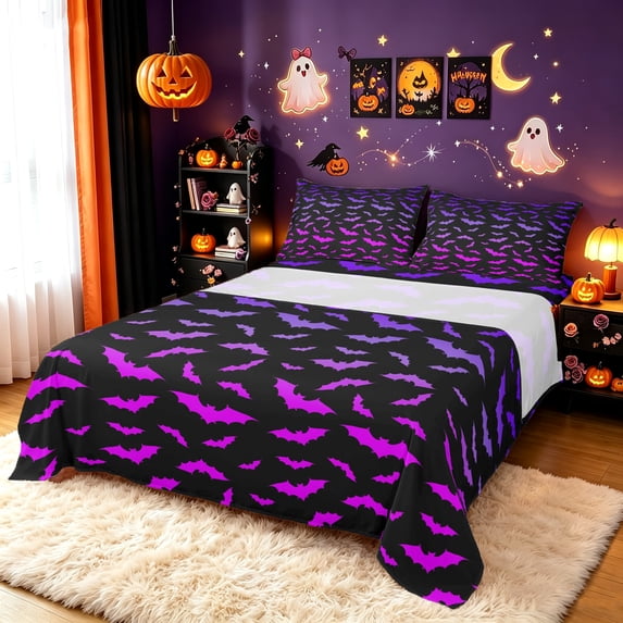 Erosebridal Gradient Bat Bed Sheets, Happy Halloween Style Full Size Sheets, Black Fuchsia, Black Reversible, 4-Piece, 1 Flat Sheet, 1 Fitted Sheet and 2 Pillowcases