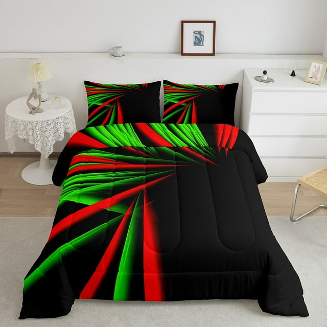 Erosebridal Gradient Bedding Sets Twin with Comforter, Green Red Abstract Ombre Duvet Insert, Geometric Striped Decor, Reversible