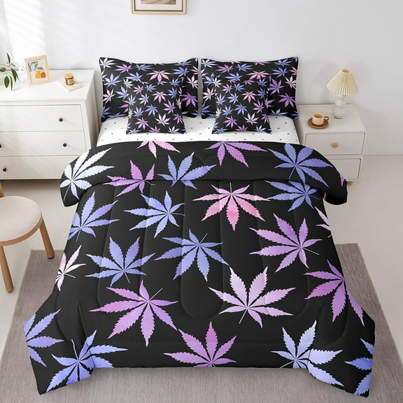 Erosebridal Gradient Cannabis Bed in a Bag King Size, Black Purple Marijuana Bed Set, Microfiber 7pcs