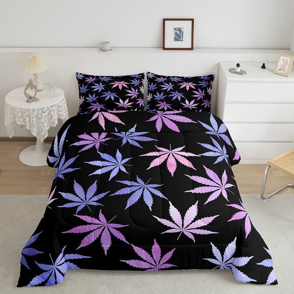 Erosebridal Gradient Cannabis Bedding Full Comforter Set, Black Purple Marijuana Down Comforter, Super Cozy 3 Pieces