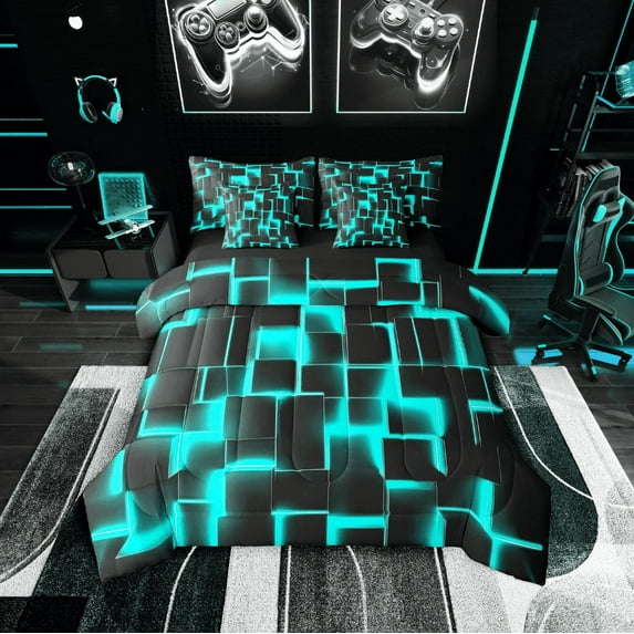 Erosebridal Gradient Checkered Bedding Sets Twin Size,Buffalo Stereoscopic Comforter Sets with Sheets,Geometry Decor,Reversible,7pcs