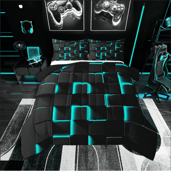 Erosebridal Gradient Checkered Bedding Twin Comforter Set,Buffalo Stereoscopic Down Comforter,Geometry Decor,Reversible,Lightweight,2-Piece