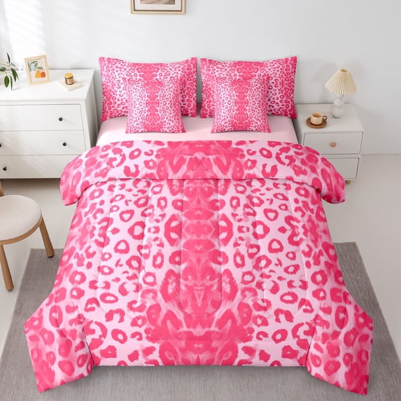 Erosebridal Gradient Cheetah Print Bedding Comforter Set 7pcs For Teens,Girls Animal Leopard Print Queen Bedding Sets,Pink Reversible