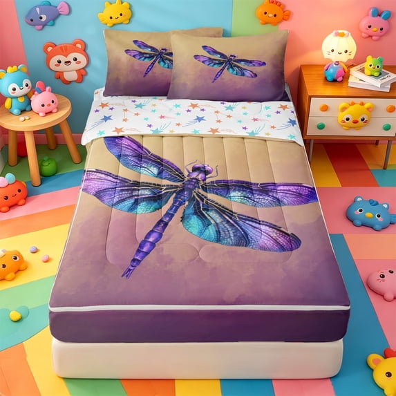 Erosebridal Gradient Galaxy Dragonfly Zipper Full Size Comforter Sets with Fitted Sheet and 2 Pillowcases,Rainbow Animals Pattern Zipper Bedding Set For Girls,Colorful Stars Reversible,4 Pieces